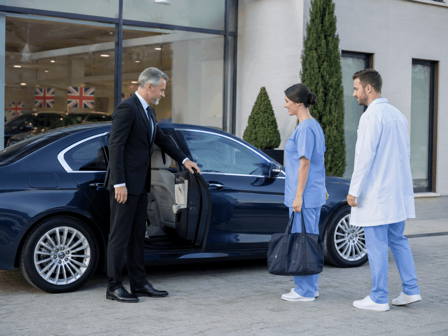 Clean rental car prepared for healthcare staff outside a clinic