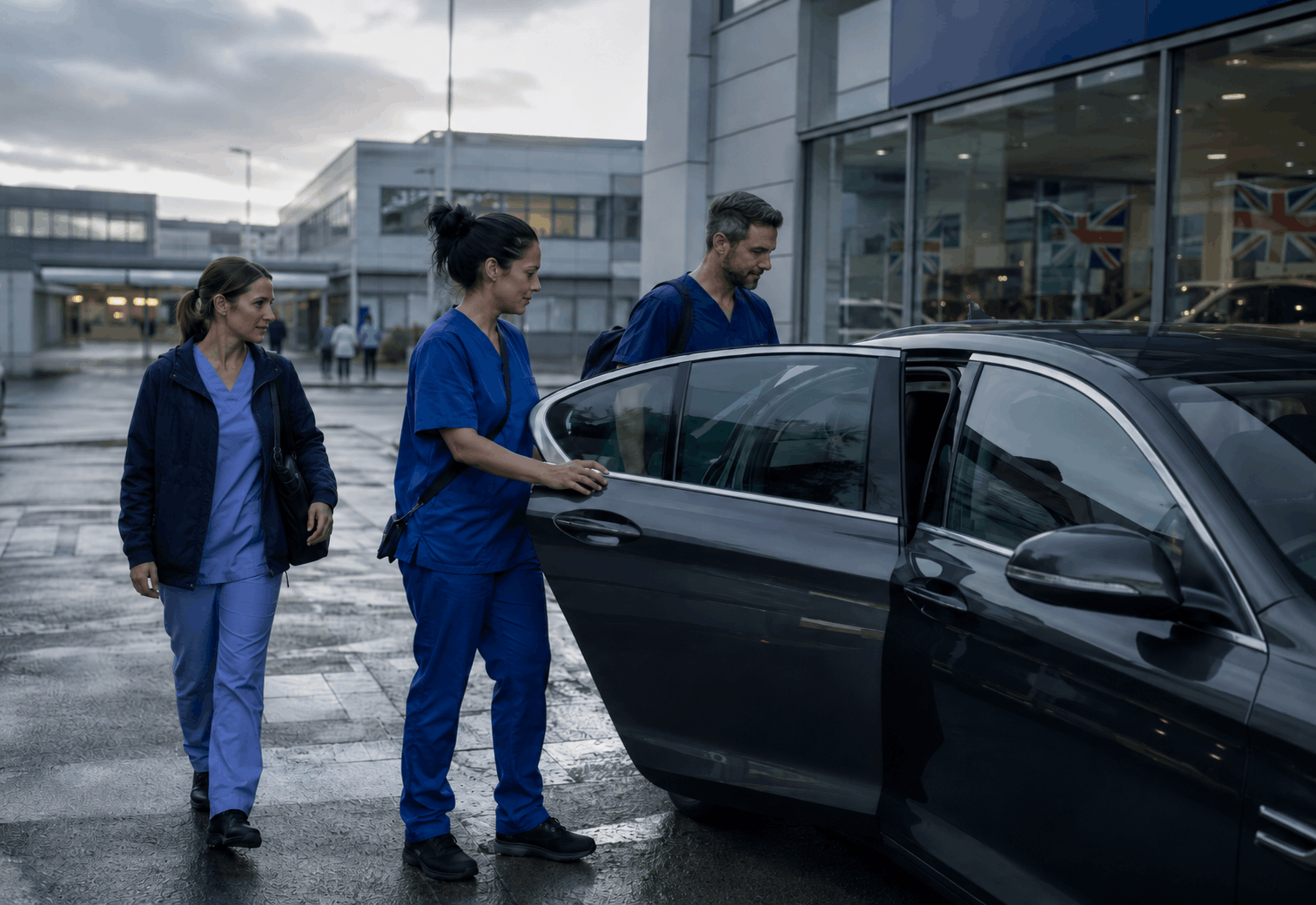 Healthcare professionals entering a clean rental vehicle near a hospital