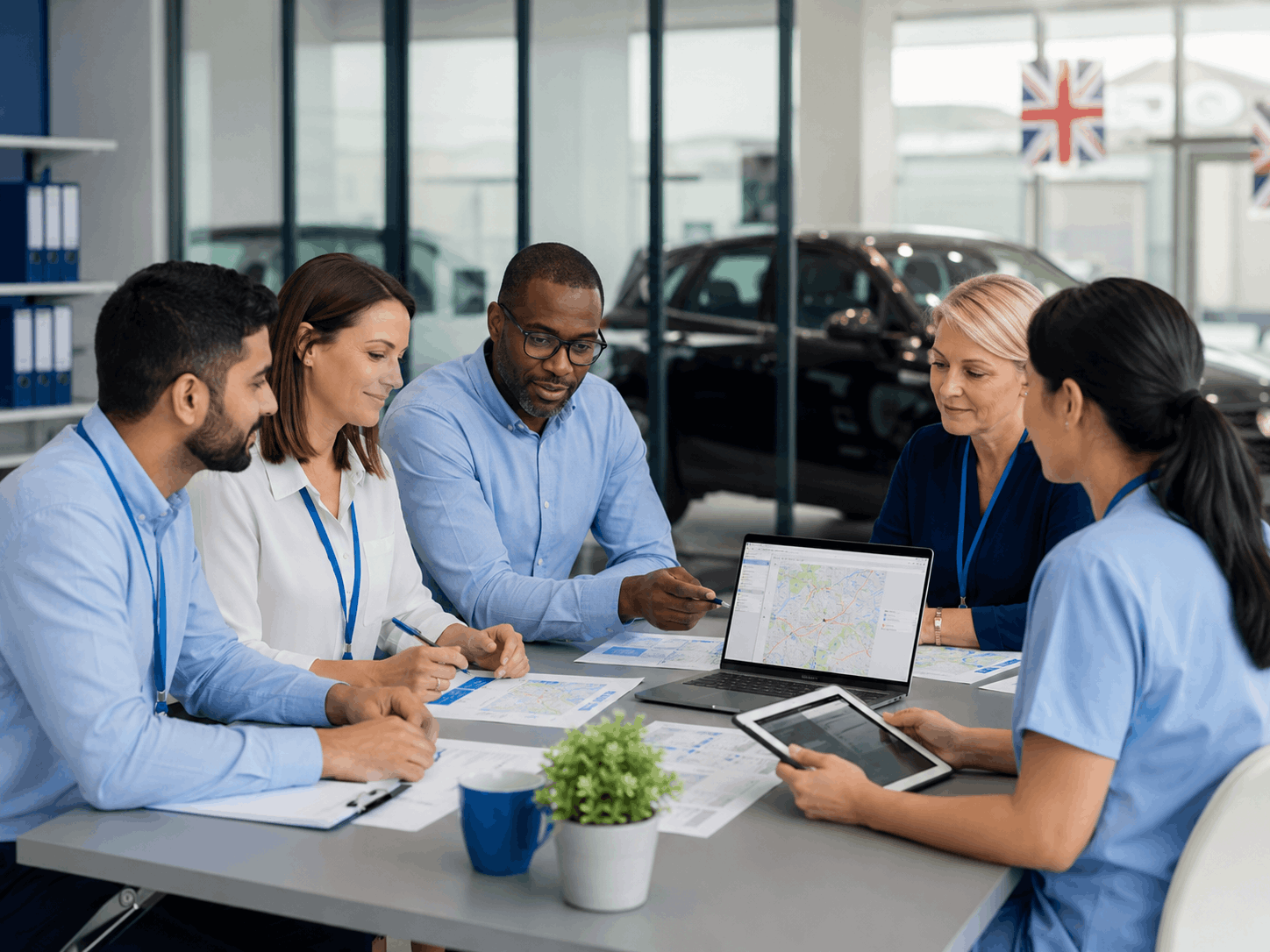 Healthcare administration team planning vehicle bookings